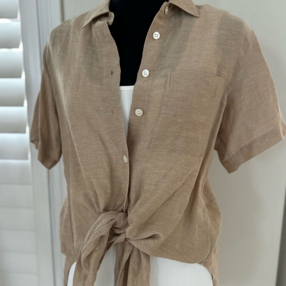 Theory Linen-Blend Tie-Front Top